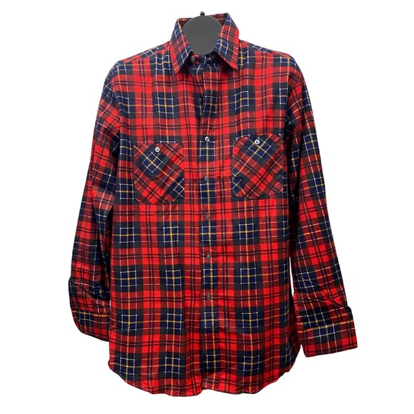 Vintage Red Plaid Checked Cotton Button Up Flannel Shirt / Men’s Large - Picture 4 of 5